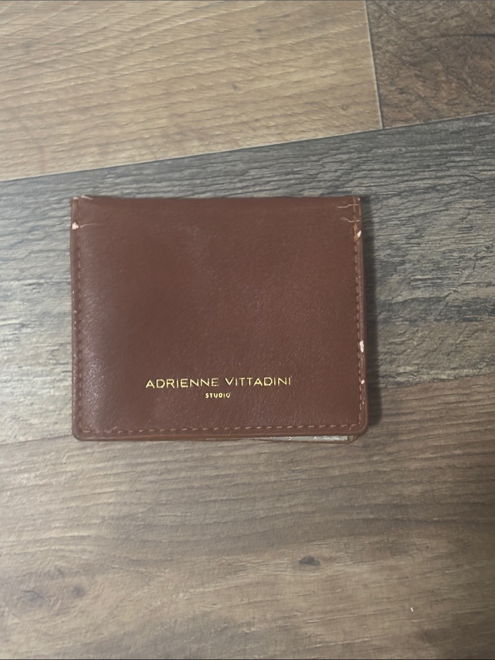 Adrienne Vittadini Brown Leather Bifold Card Wallet with Gold Logo